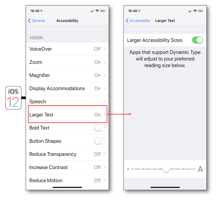 On iOS 12 : menu General-Accessibility, activate Larger Text