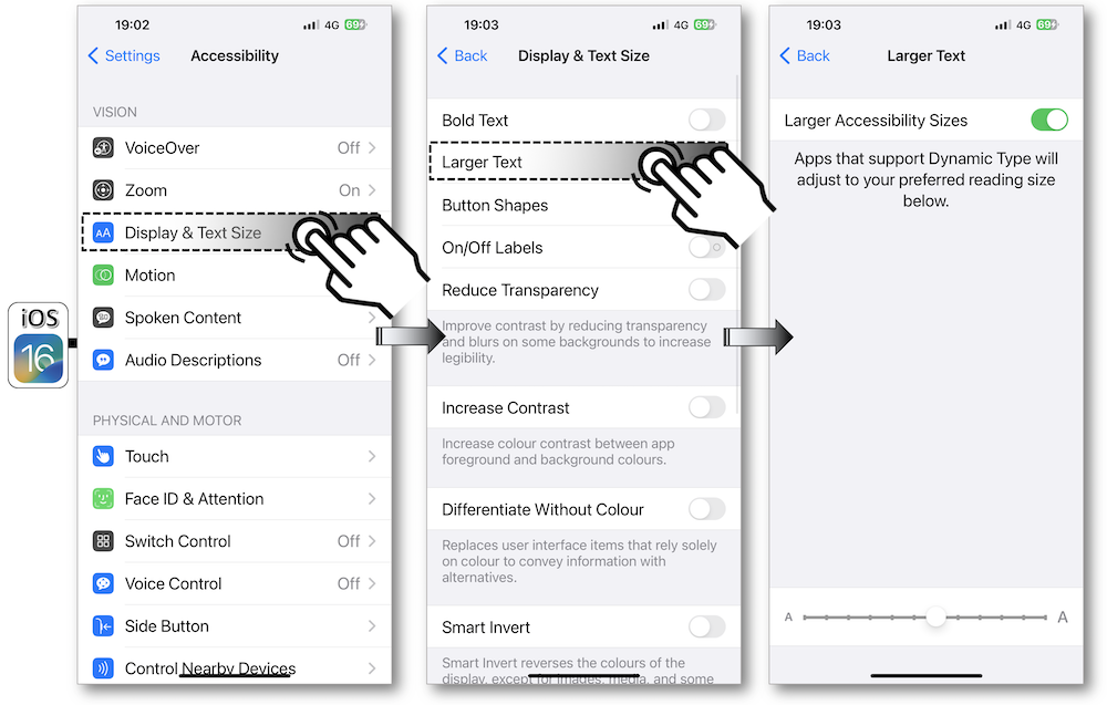 On iOS 16 : menu Settings-Accessibility-Display & Text size, activate Larger Text