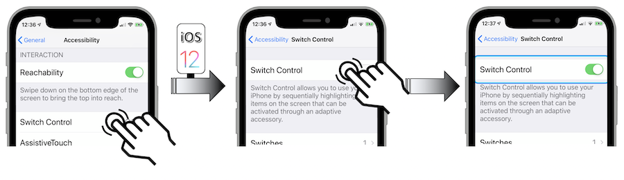 On iOS 12: enable Switch Control from the Settings-Accessibility-Switch Control menu