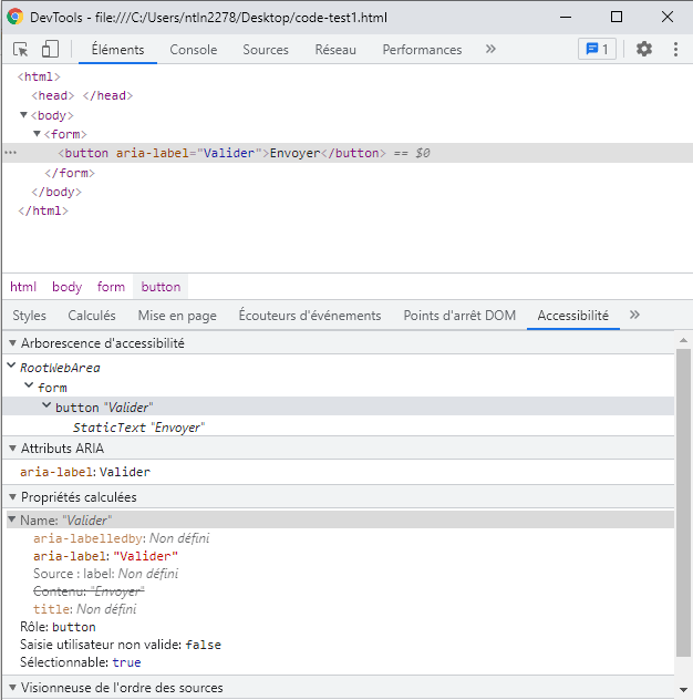 Panneaux des outils de développement de Chrome avec le Accessibility tree ouvert