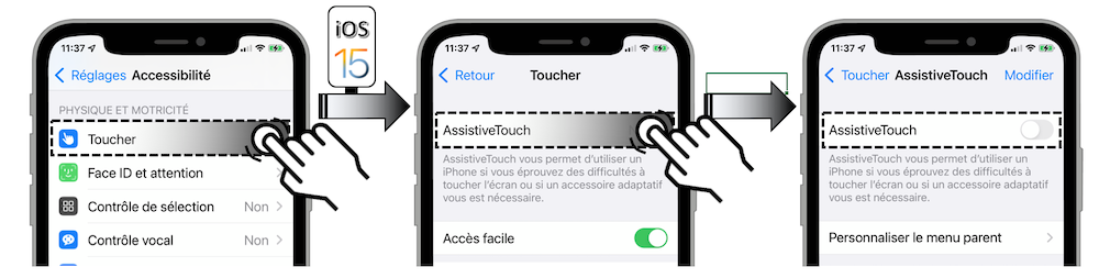 Illustration d'accès via le menu Réglages - Accessibilité - Toucher - AssistiveTouch - AssistiveTouch