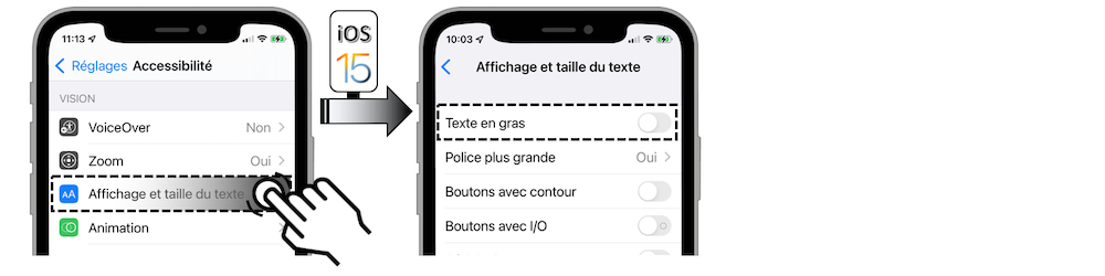 Illustration d'accès via le menu Réglages - Accessibilité - Affichage et taille du texte - Texte en gras